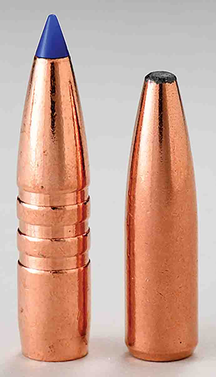 Modern bullets have become longer. A Barnes 100-grain TTSX BT (left) is alongside a Swift 100-grain A-Frame. Both produce excellent performance on game, but the Barnes is much longer and requires a quicker than standard 1:10 rifling twist to stabilize in flight at 1,000 feet elevation.